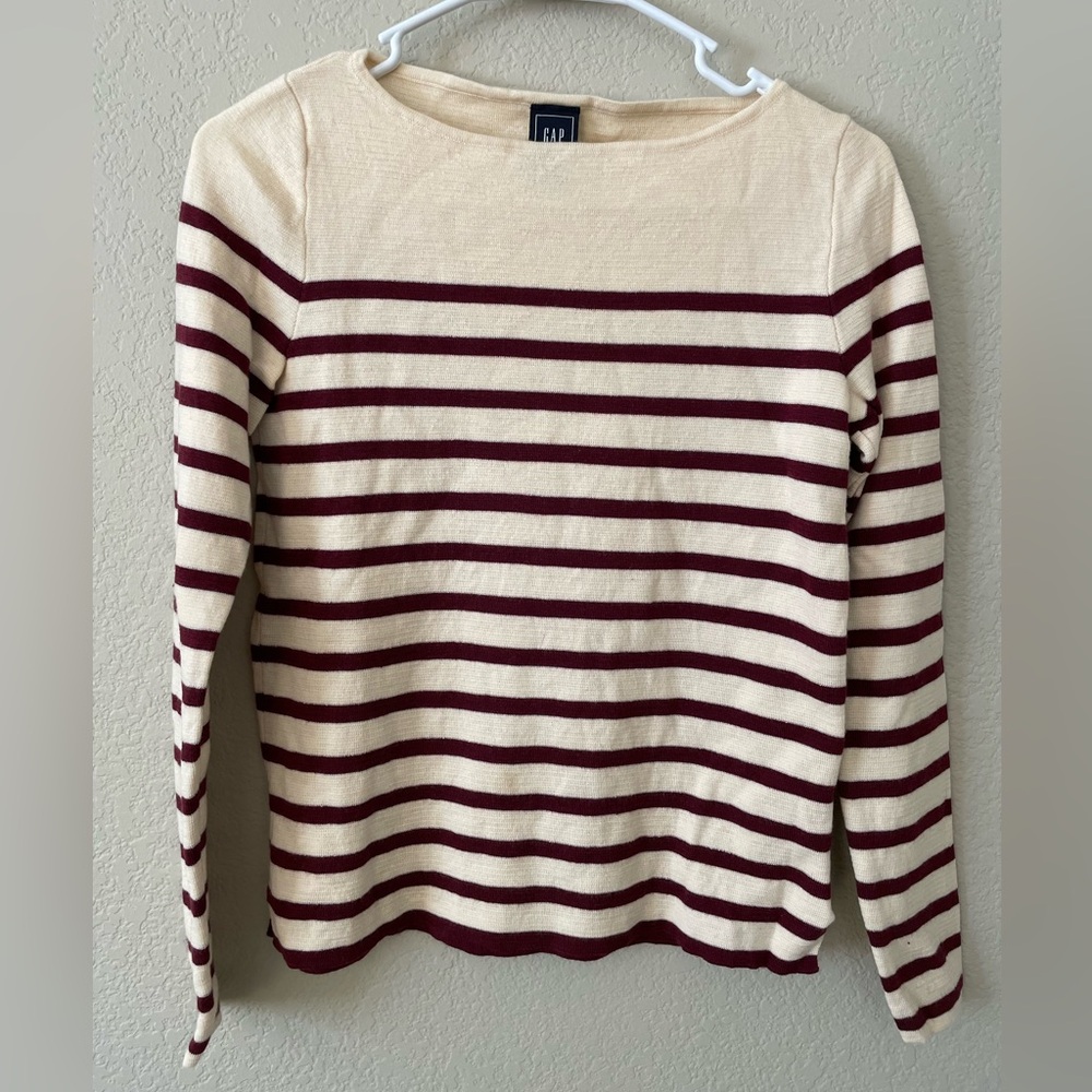 GAP Cream and Burgundy Striped Sweater